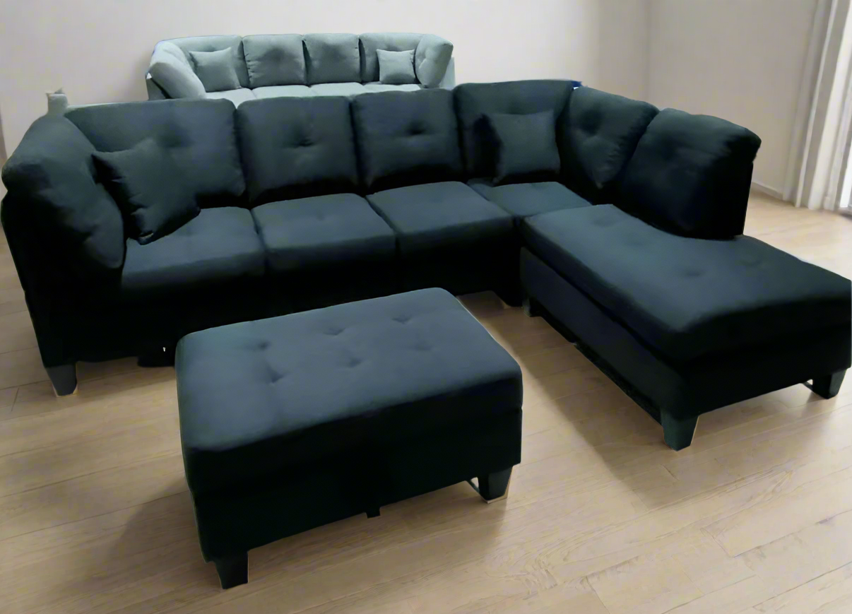 Reversible Fabric Sectional Sofa with Ottoman in Black 1012