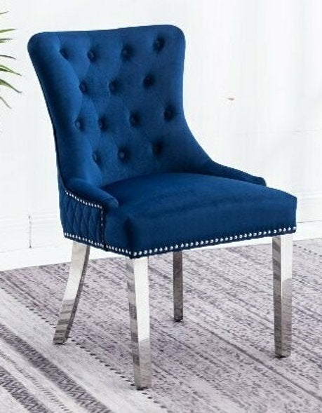 Tempered Glass Dining Table With Blue Velvet Chairs T-1448/ C-1252