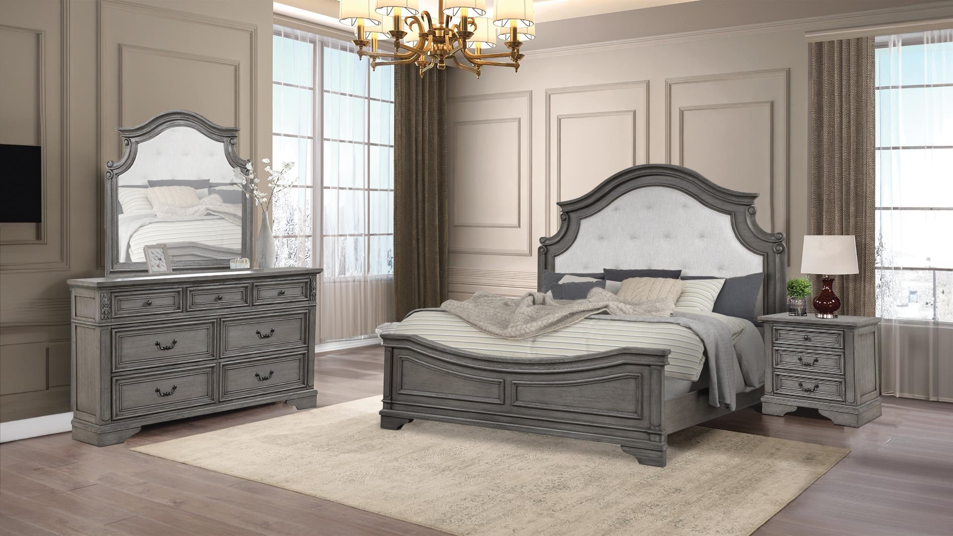 Grace Solid Wood Bed With Fabric Headboard Grey 1561