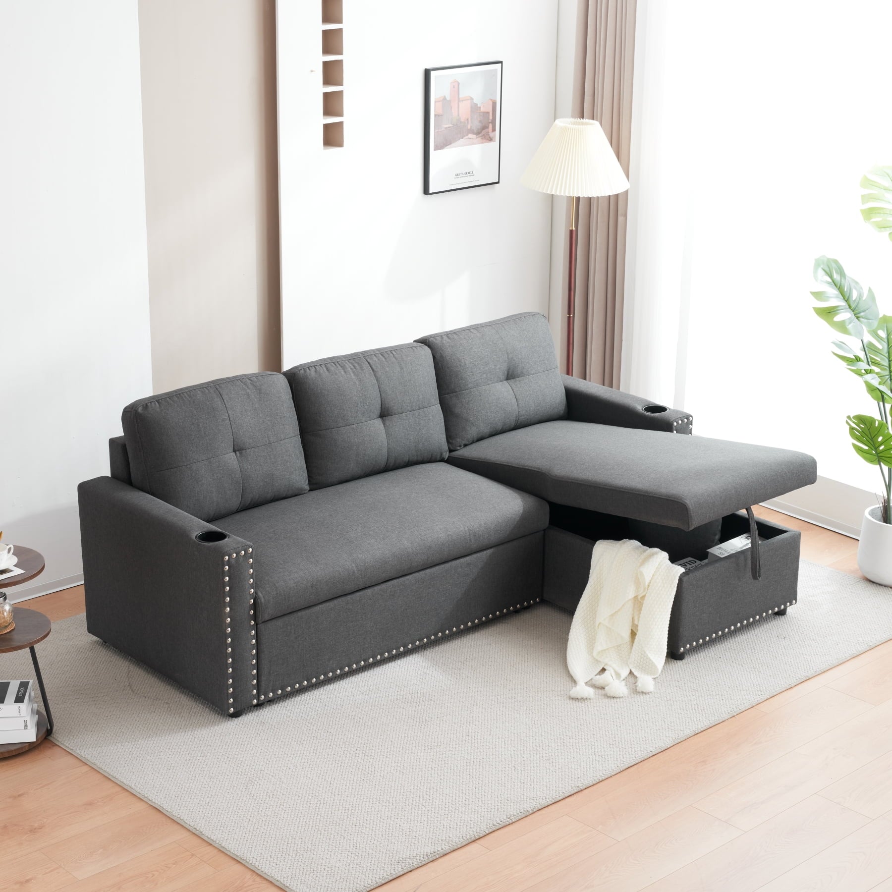 Reversible Grey Pull Out Sectional Sofa Bed With Storage Chaise & Cup Holder 4788