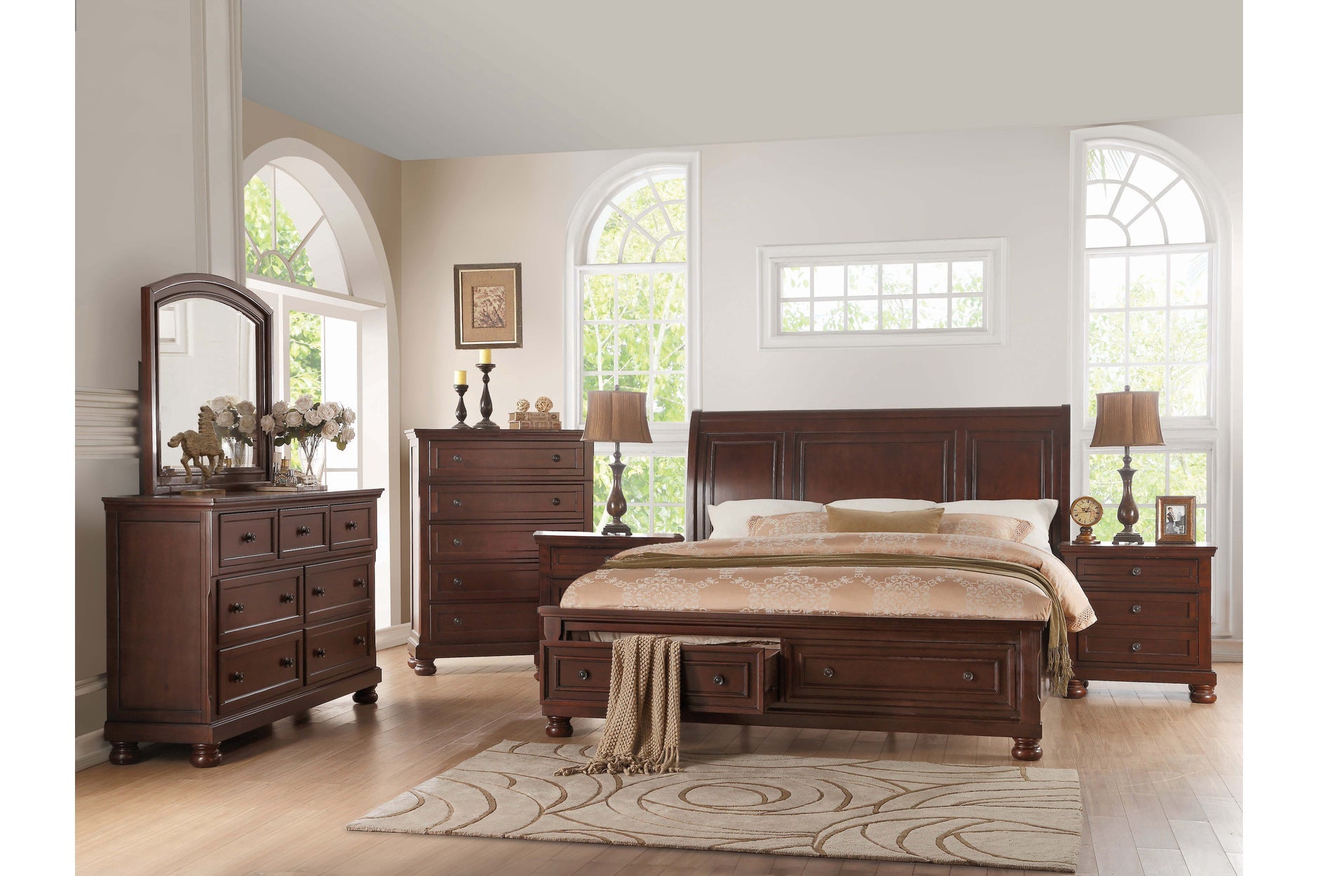 Begonia Wooden 8pc Bedroom Set Cherry 1718NC