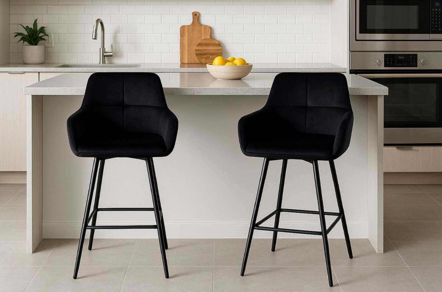 2 Piece Black Velvet Fabric Fabric Bar Stools 3295