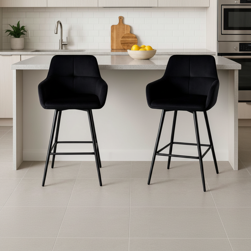 2 Piece Black Velvet Fabric Fabric Bar Stools 3295
