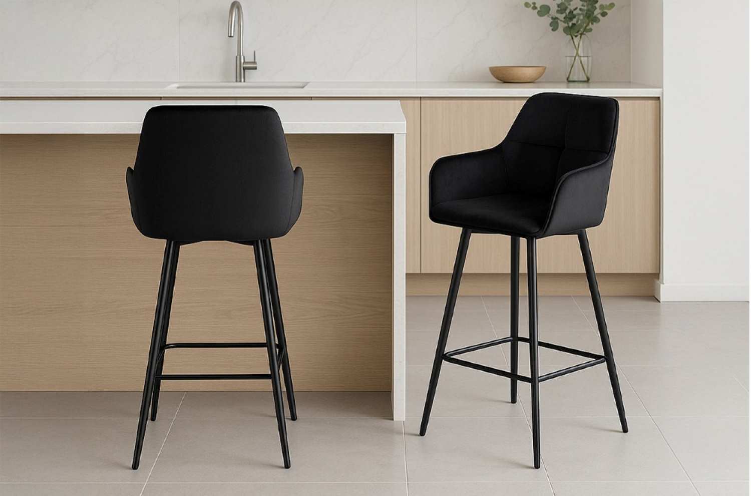 2 Piece Black Velvet Fabric Fabric Bar Stools 3295