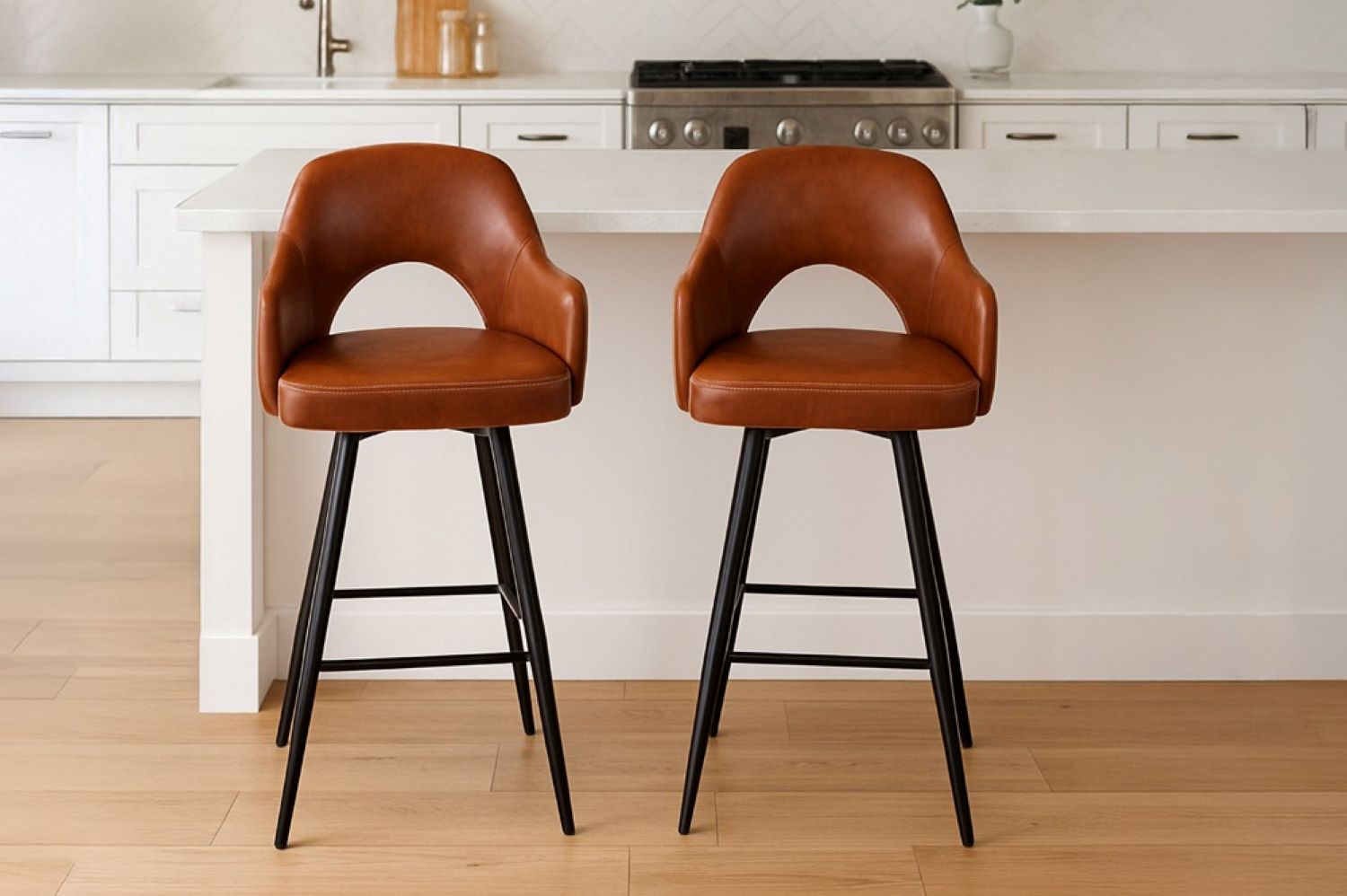 2 Piece Caramel Leatherette Fabric Bar Stools 3290