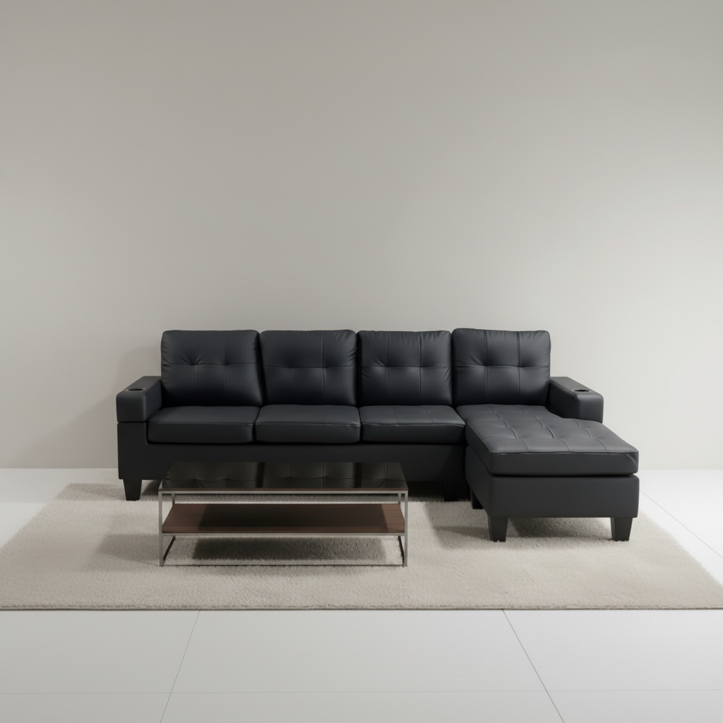 Black leather sectional sofa with a coffee table on a light gray floor and background