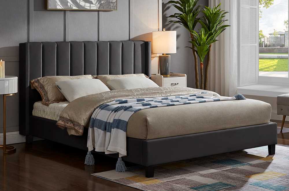 Velvet Platform Bed With Tufted Panel Charcoal T 2190