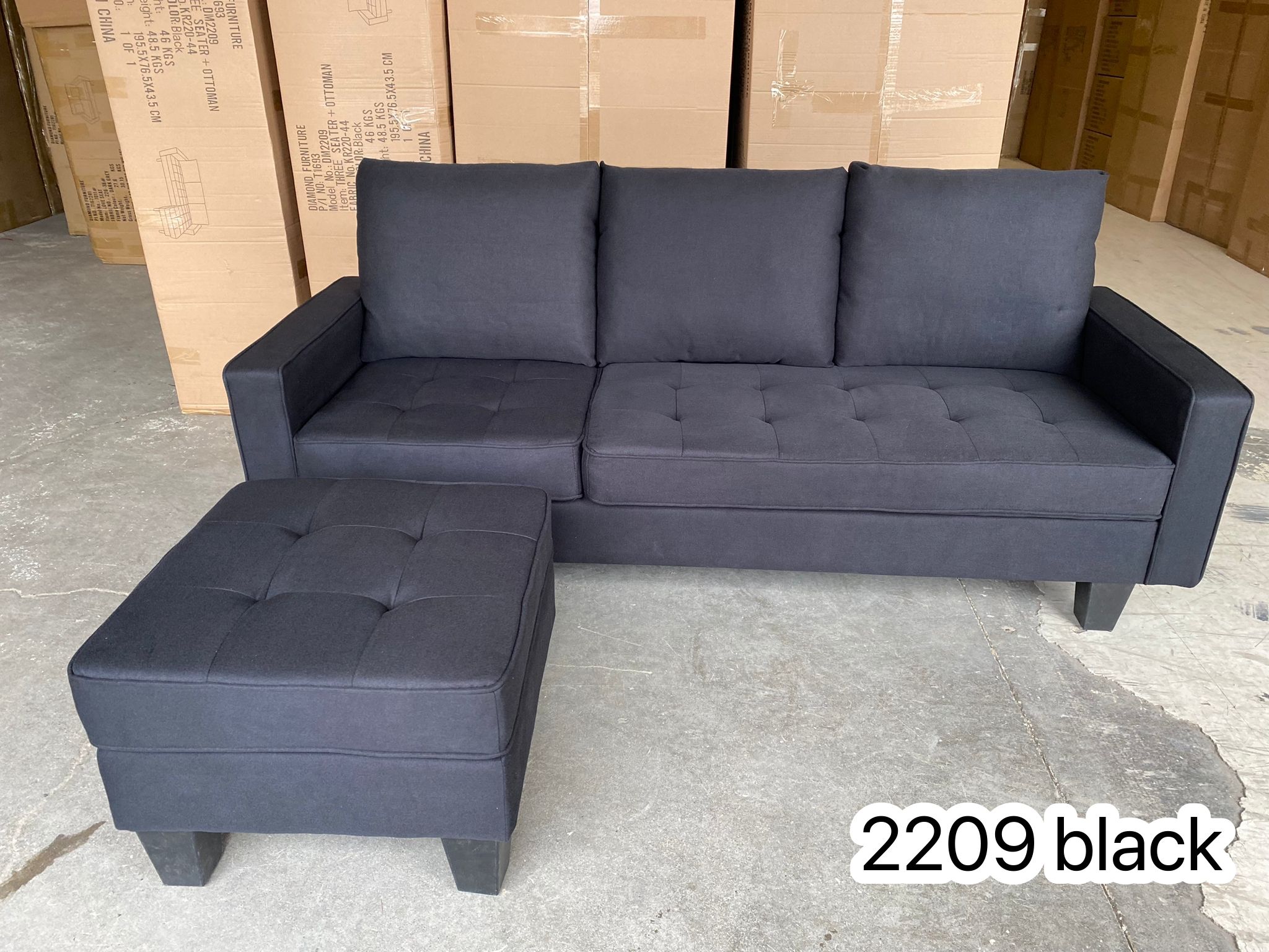 Black Fabric Sectional Sofa with Floating Ottoman 2209