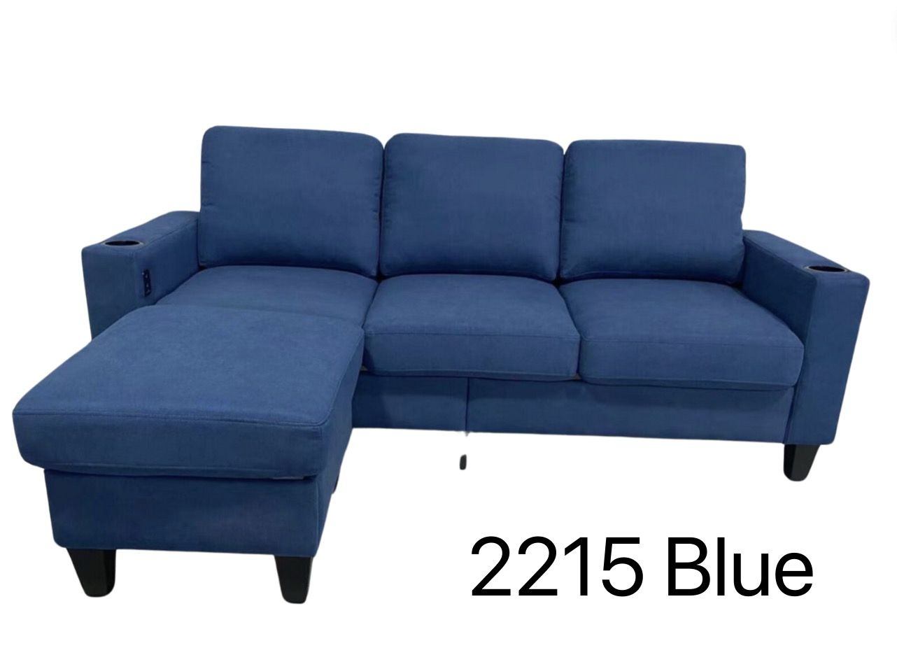 Blue Fabric Reversible Sectional Sofa With USB Port and Side Pocket 2215