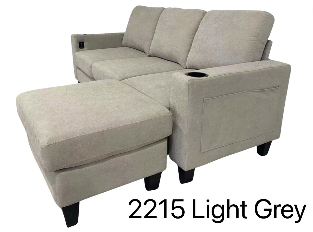 Light Grey Fabric Reversible Sectional Sofa With USB Port and Side Pocket 2215
