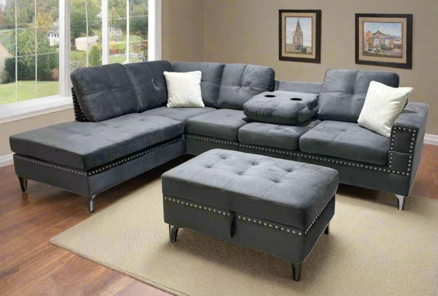Grey Velvet Reversible Sectional Sofa with Ottoman 2402
