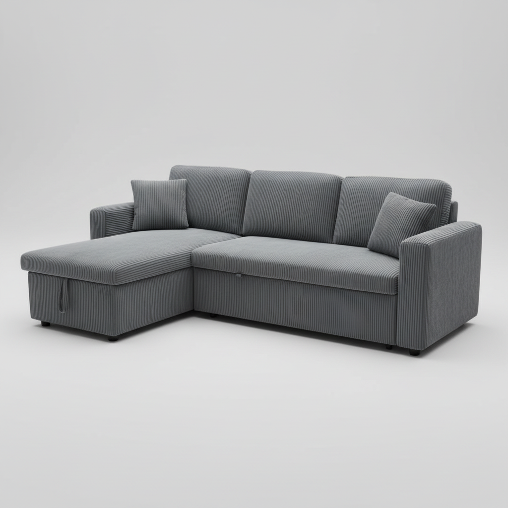 Dark Grey Corduroy Fabric Reversible Sectional Sofa Bed 2508