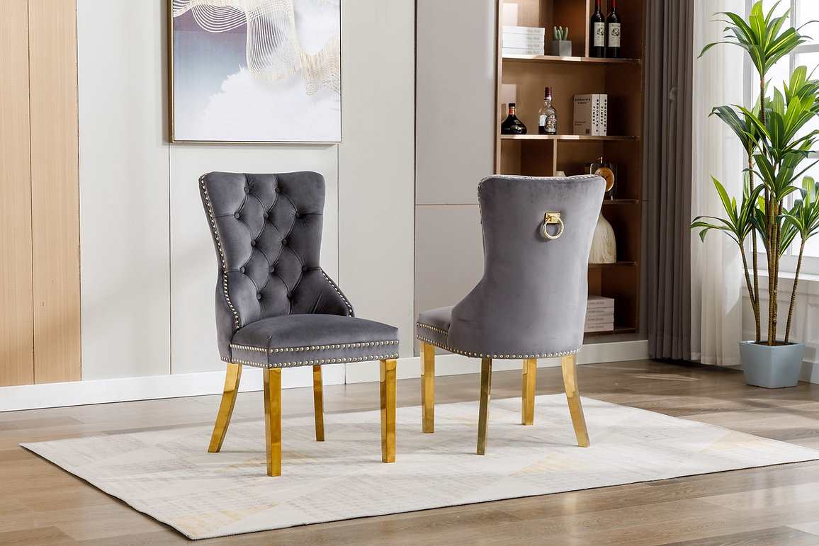 Grey velvet dining discount chairs with gold legs