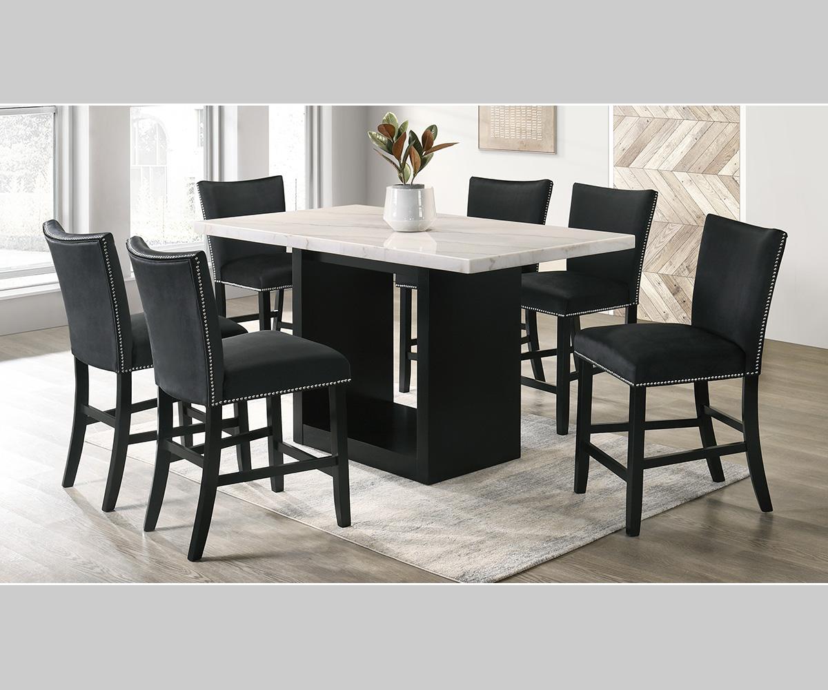 Folando Real Marble Pub Table with 6 Black Chairs P6335 DTS BK