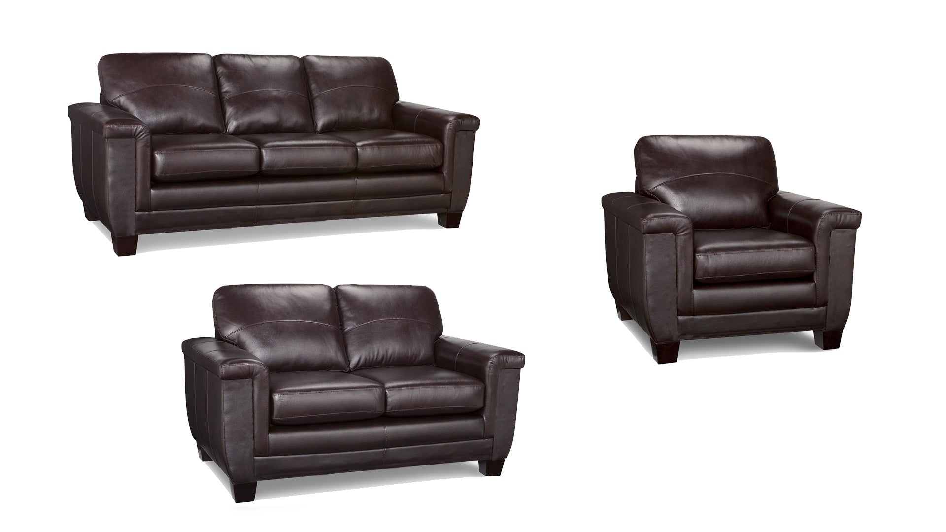 A cranberry brown leather sofa with three different views, showing a loveseat and a chair in addition to the sofa, all with solid wood legs.
