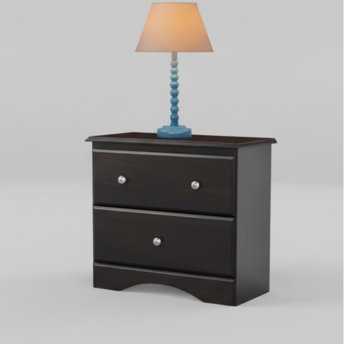 Black two-drawer nightstand with a lamp on a gray background