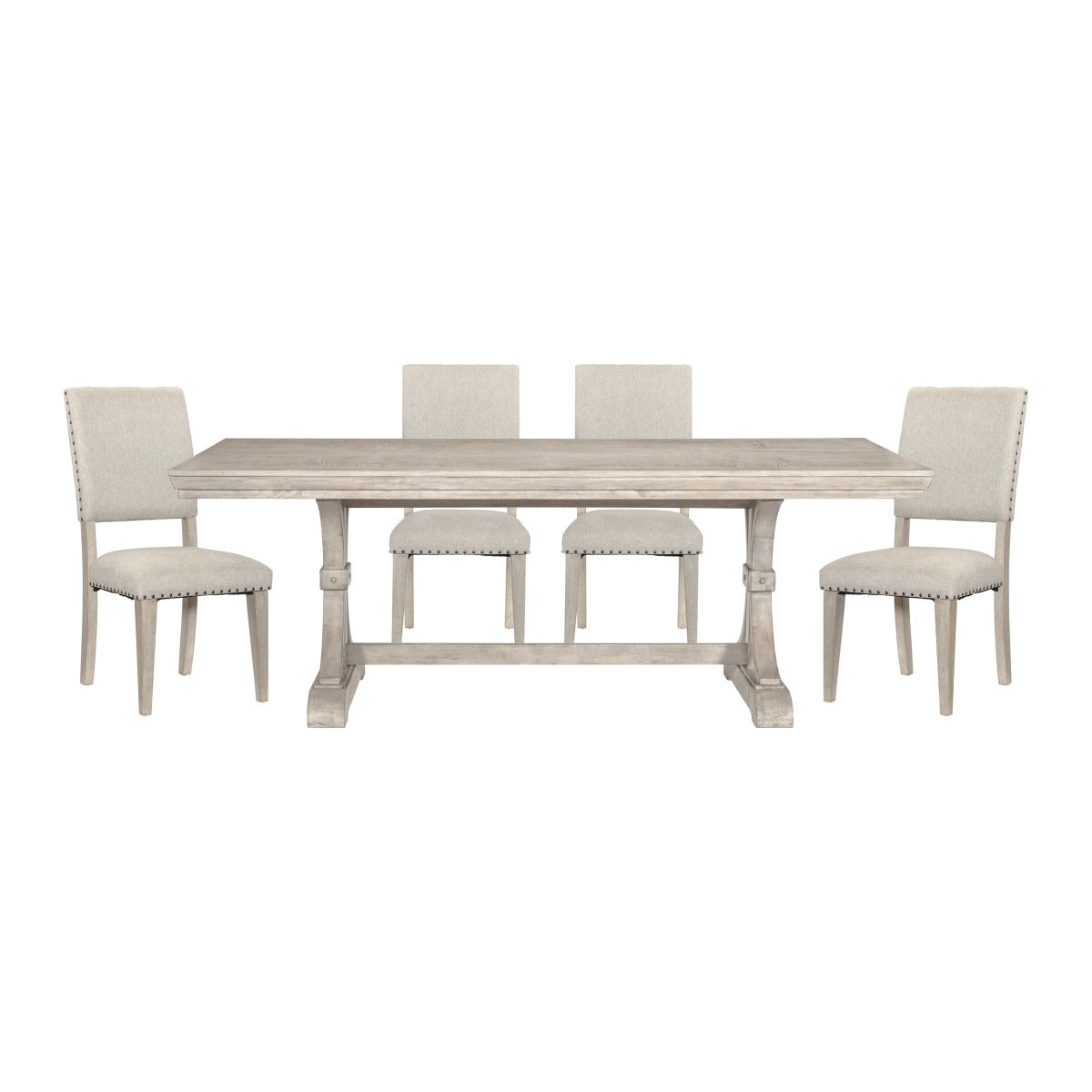 Dining table with four matching chairs on a white background