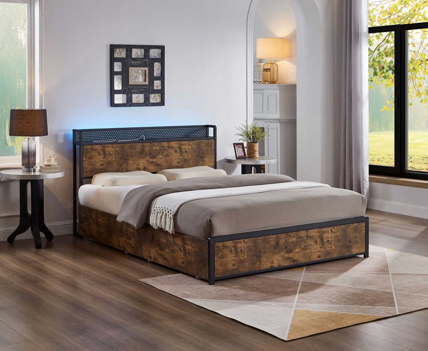 Wooden Storage Led Bed with Charging Station 5930
