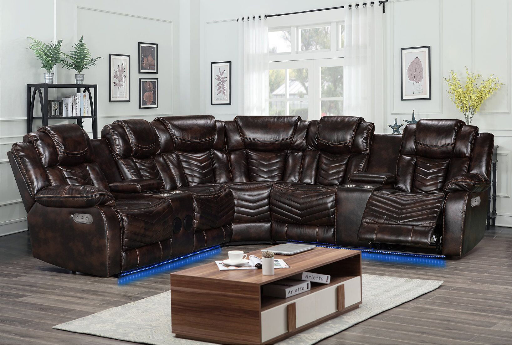 Rick Sectional Power Recliner Sofa With LED and Speaker - Brown Air Leather