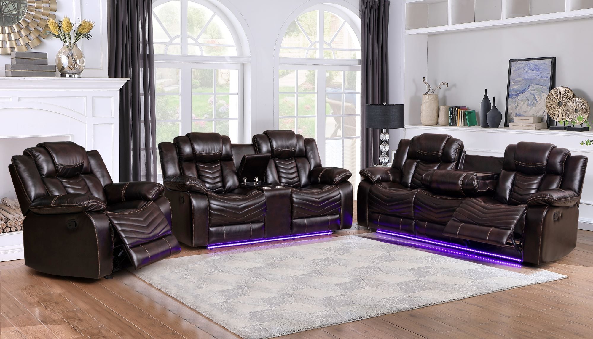 Roger 3PC Recliner sofa Collection Brown Air Leather With Bluetooth Speaker