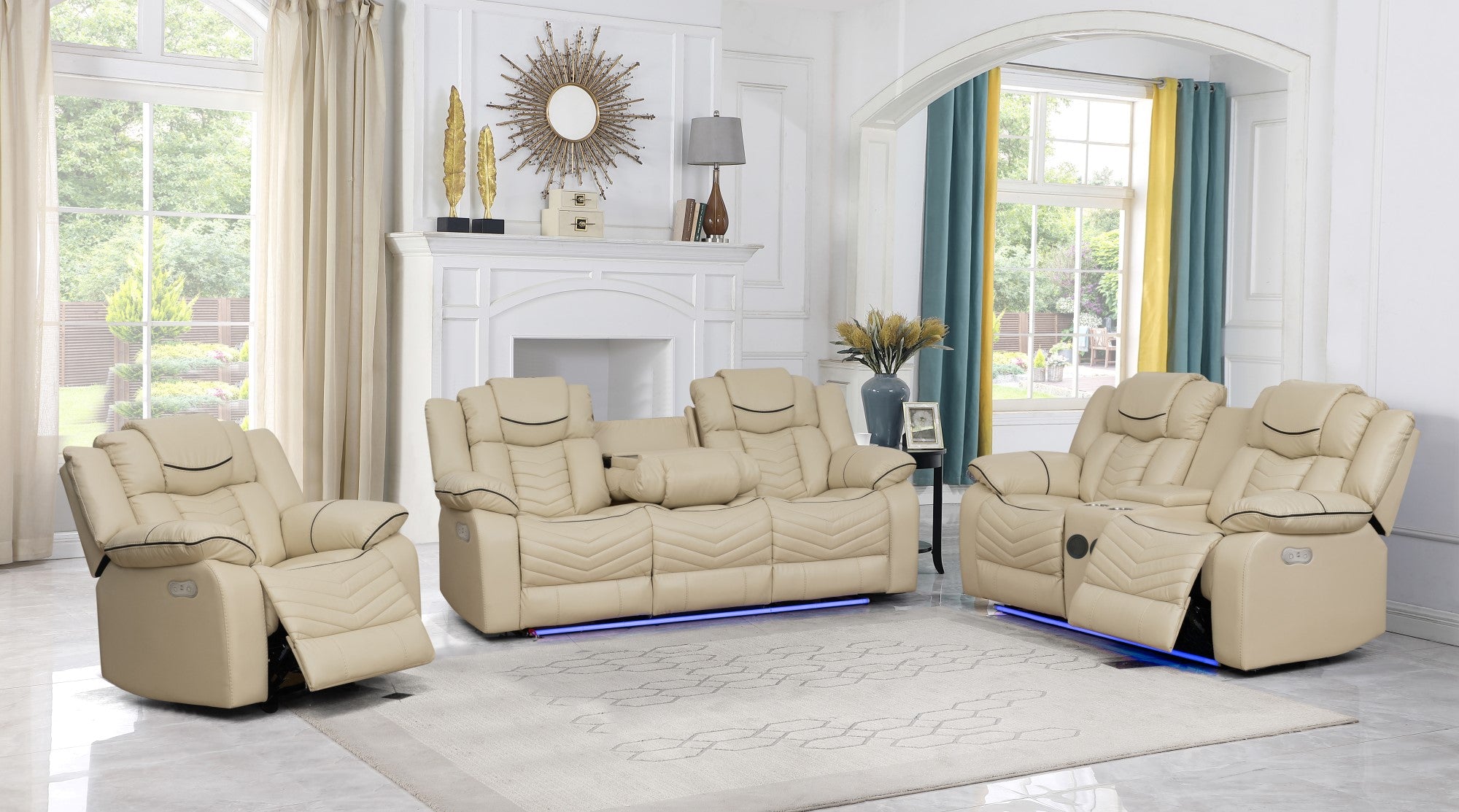 Roger 3PC Power Recliner Beige Air Leather Sofa Set With Bluetooth Speaker
