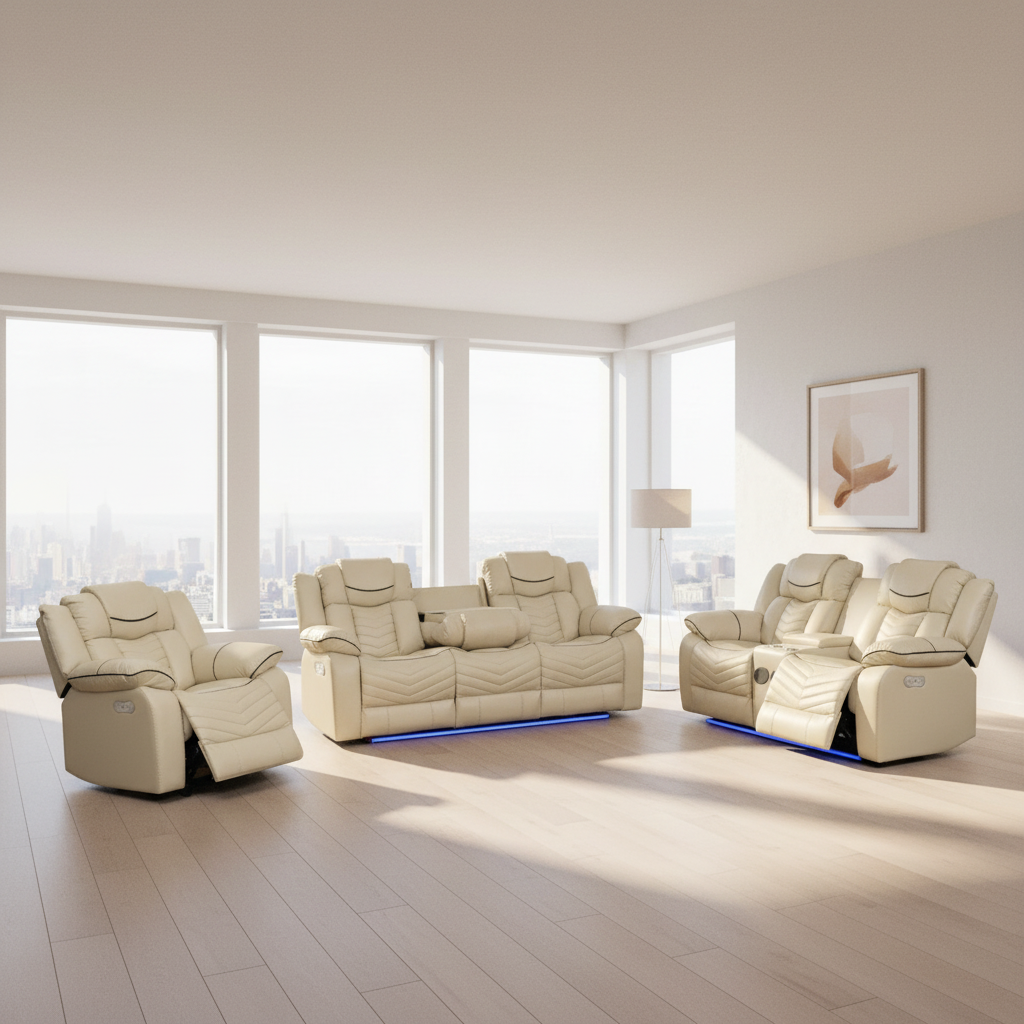 Roger 3PC Power Recliner Beige Air Leather Sofa Set With Bluetooth Speaker