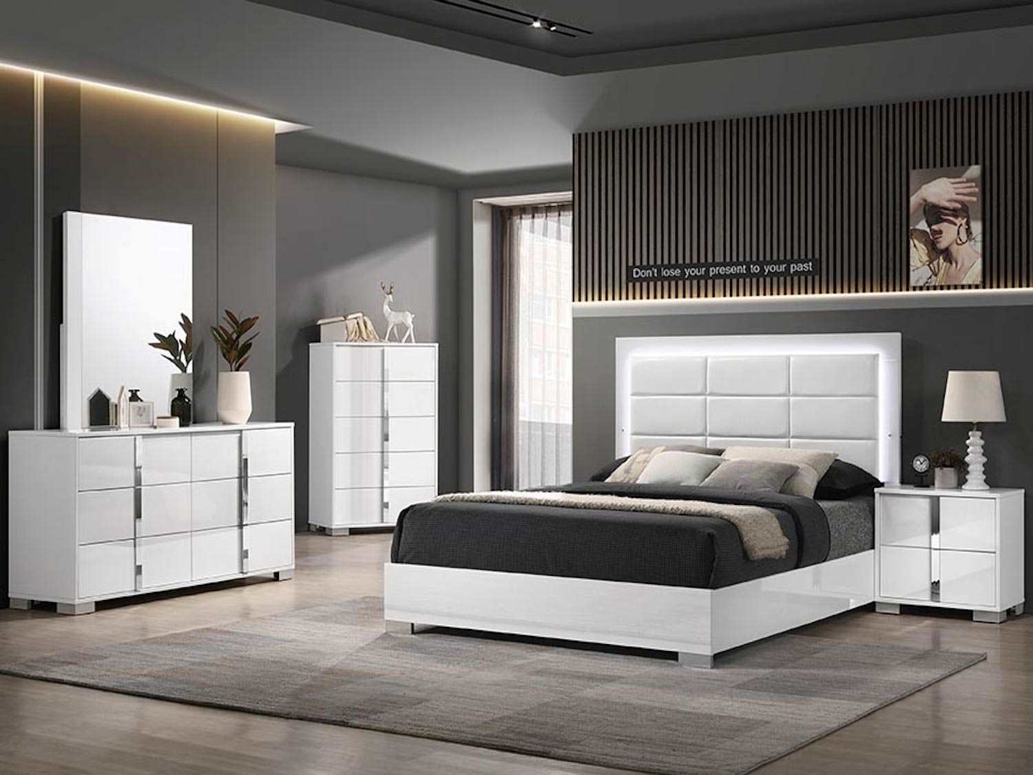Glossy Bedroom 6pc Set with LED Light White 2201