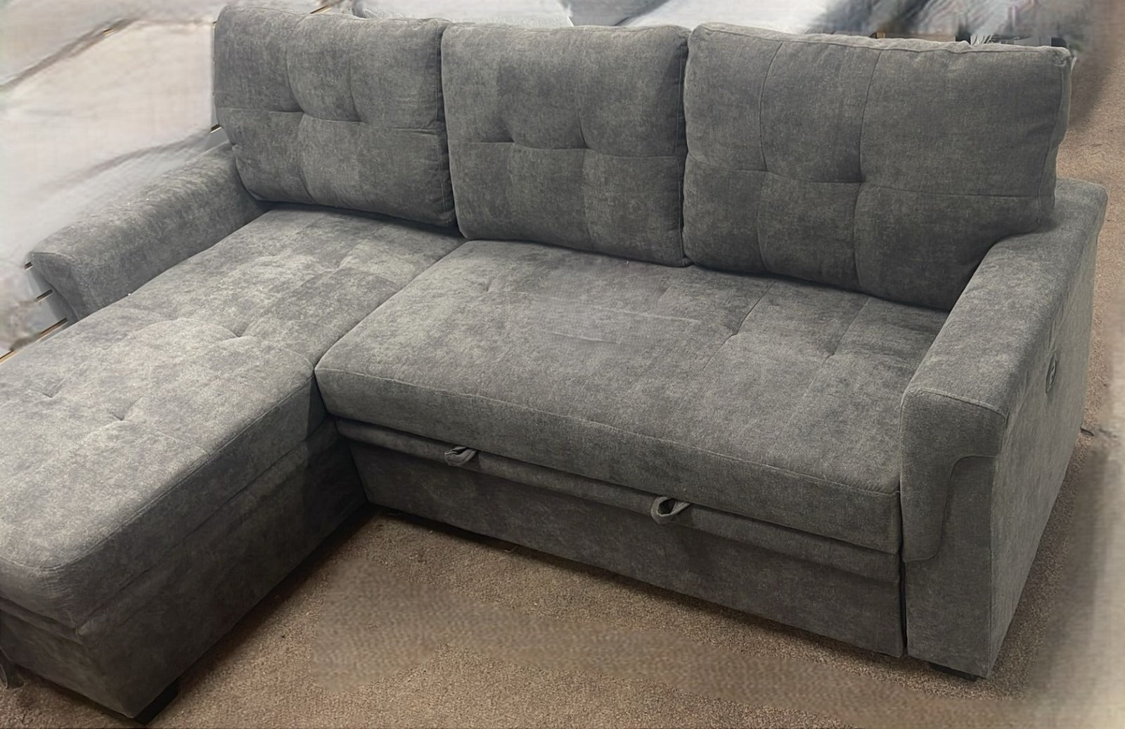 Grey Linen Fabric Reversible Sectional Sofa Bed With USB Port 721