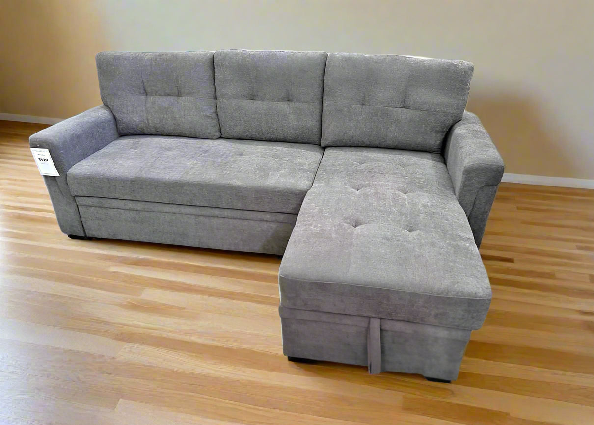 Grey Linen Fabric Reversible Sectional Sofa Bed With USB Port 721