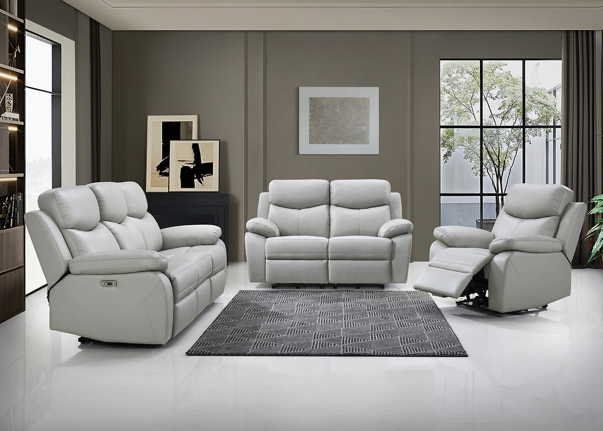 Light Grey Genuine Leather Power Recliner Sofa Set