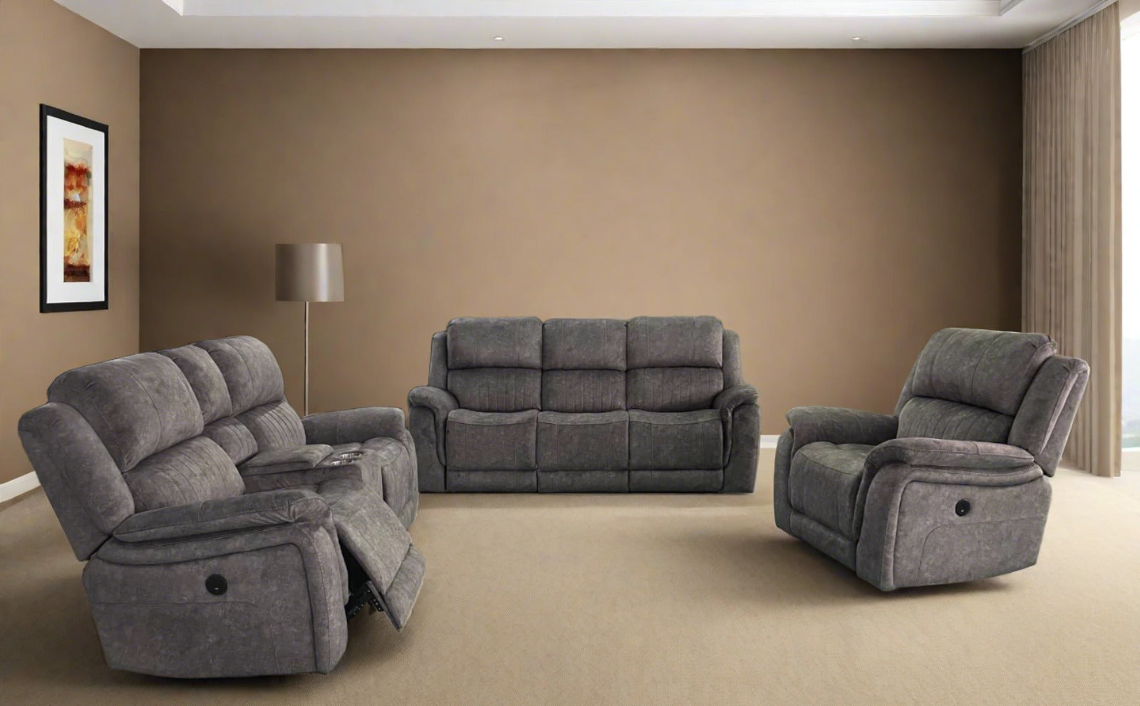 Washington Power Recliner Fabric 3 PC Sofa Set Grey 6129