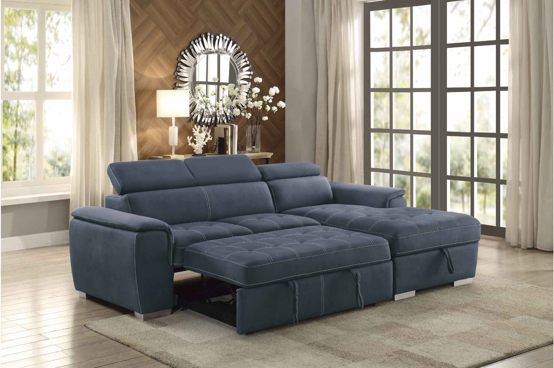 Ferriday Blue Fabric Sectional Sofa Bed with Right Storage Chaise 8228