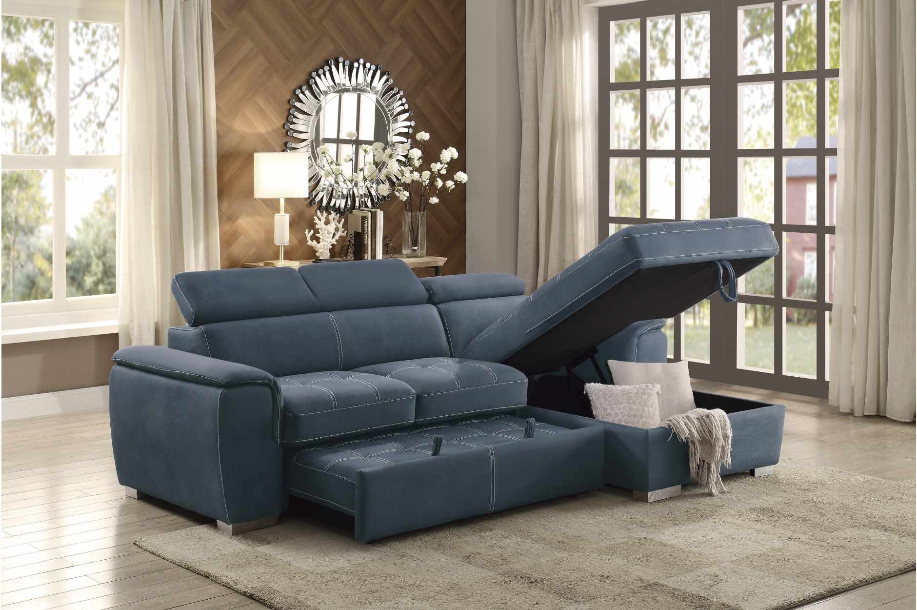 Ferriday Blue Fabric Sectional Sofa Bed with Right Storage Chaise 8228