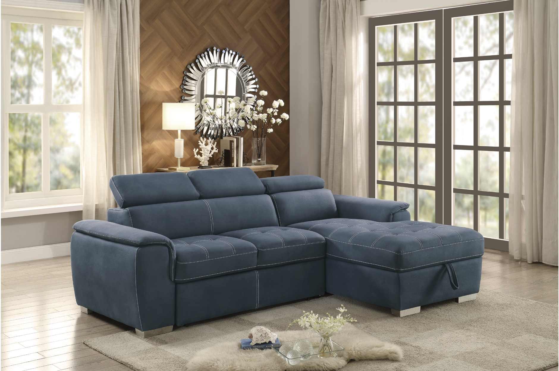 Ferriday Blue Fabric Sectional Sofa Bed with Right Storage Chaise 8228