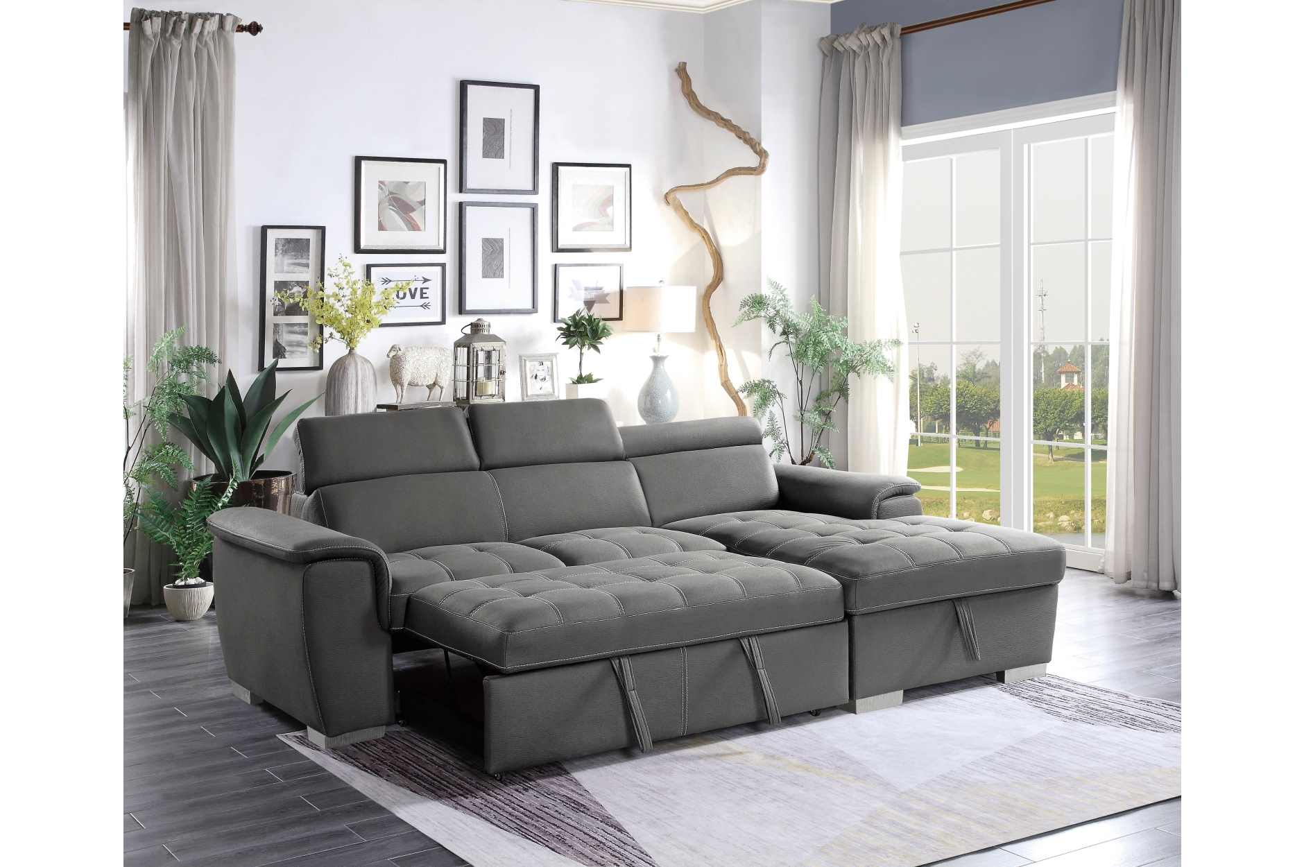Ferriday Grey Fabric Sectional Sofa Bed with Right Storage Chaise 8228