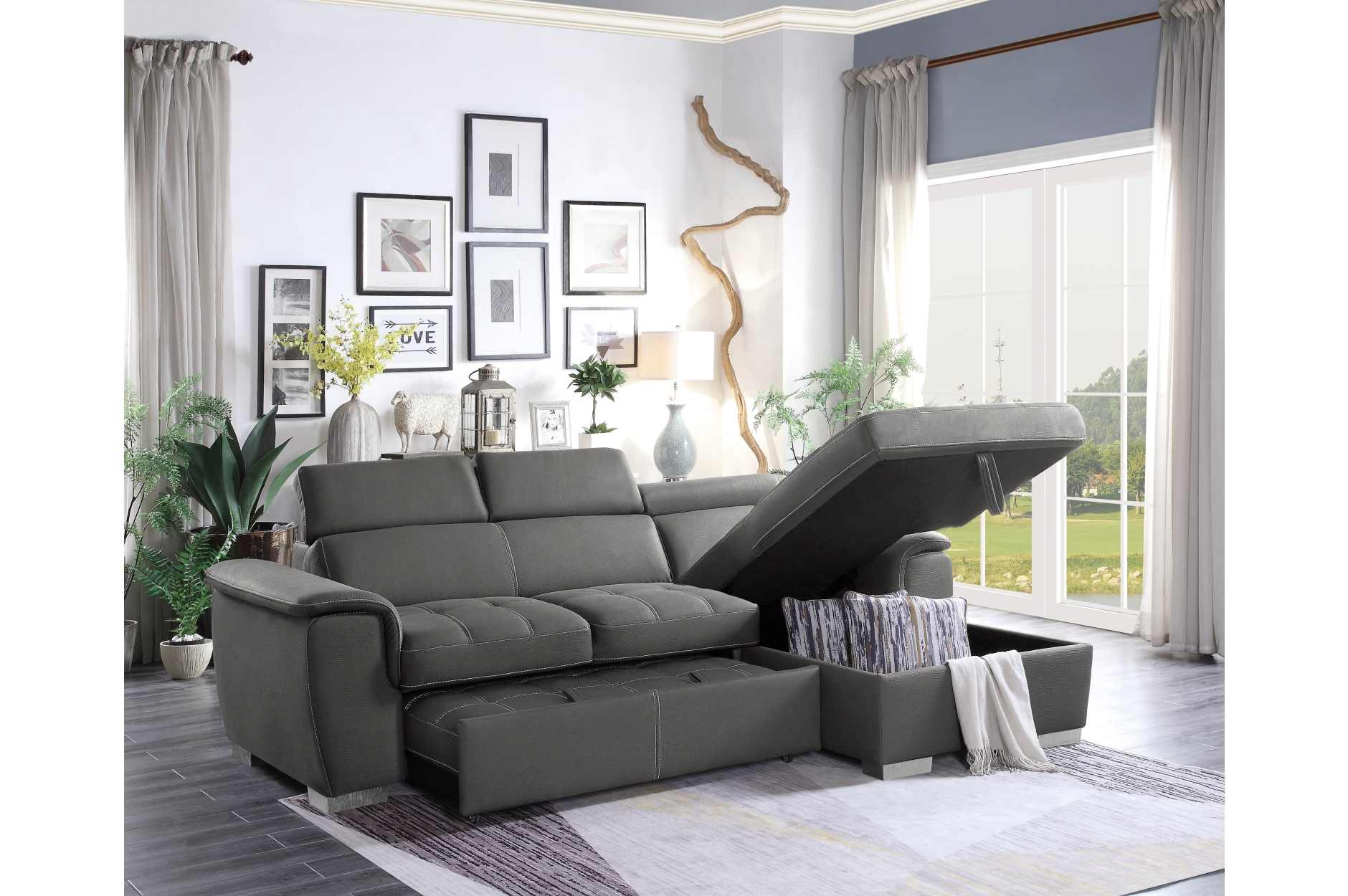 Ferriday Grey Fabric Sectional Sofa Bed with Right Storage Chaise 8228