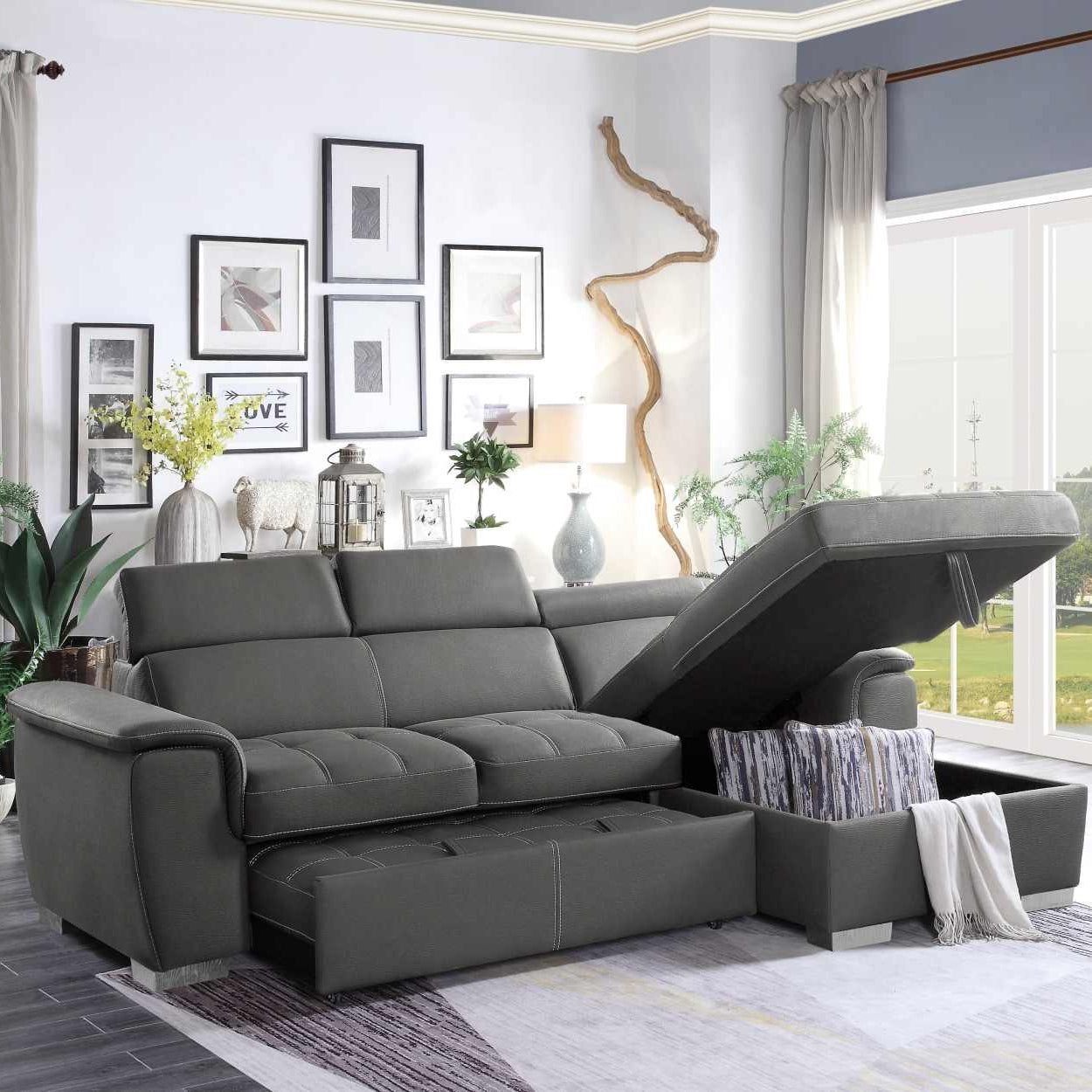Gray sectional sofa with storage drawers in a living room setting.