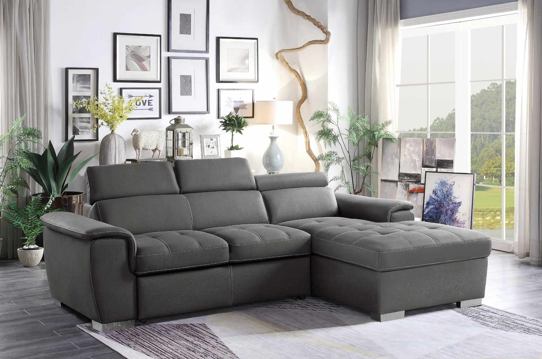 Ferriday Grey Fabric Sectional Sofa Bed with Right Storage Chaise 8228