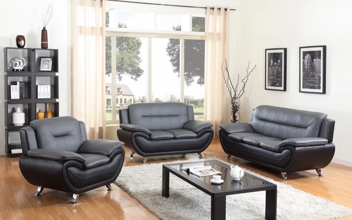 Speedy Grey and Black Faux Leather 3pc Sofa Set with Chrome Legs 868
