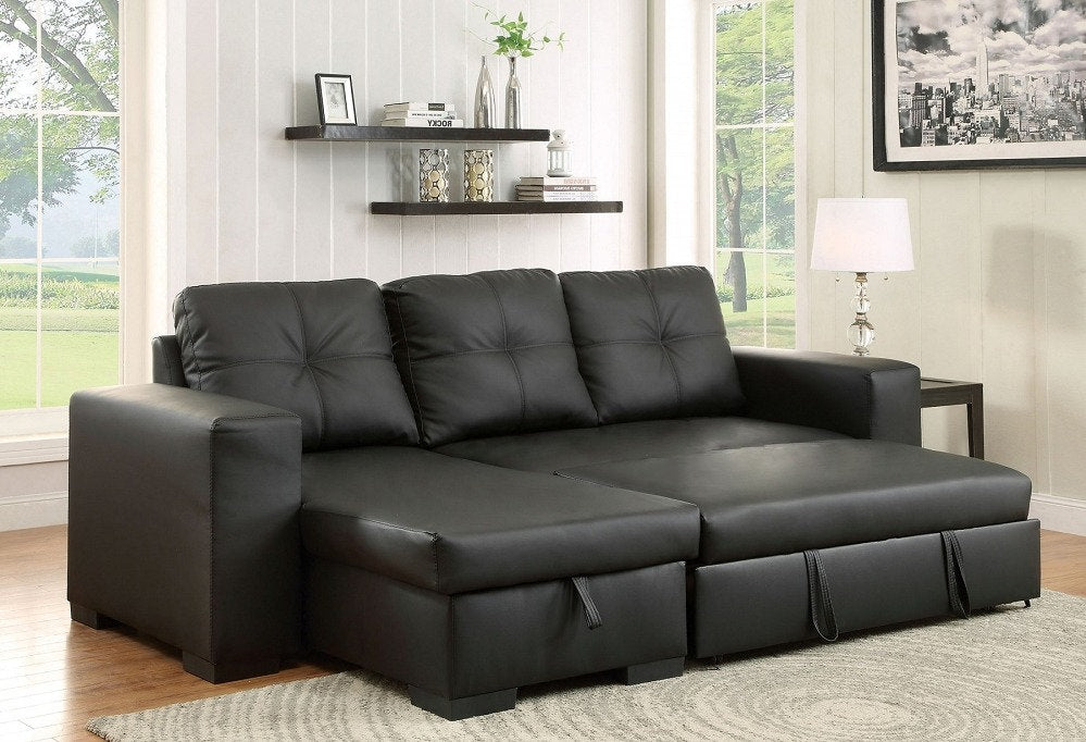 Reversible Black PU Sectional Sofa Bed with Storage Chaise 9032