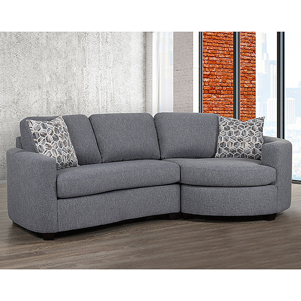 A right-hand facing loveseat with solid wood legs, upholstered in a gray fabric, featuring a pattern on the cushions and a decorative piping detail.