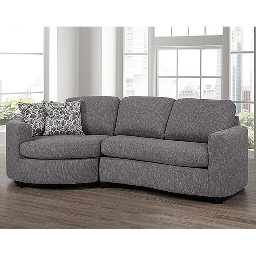A charcoal gray cuddler sectional sofa with a decorative pillow, designed for pets, featuring solid wood legs.