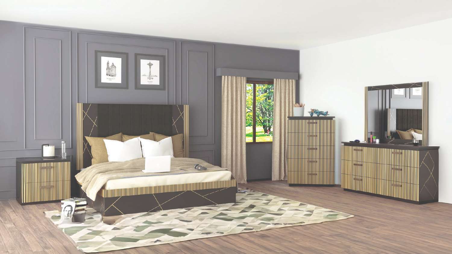 Allure Solid Wood Bedroom Set with Upholstered Headboard 1671