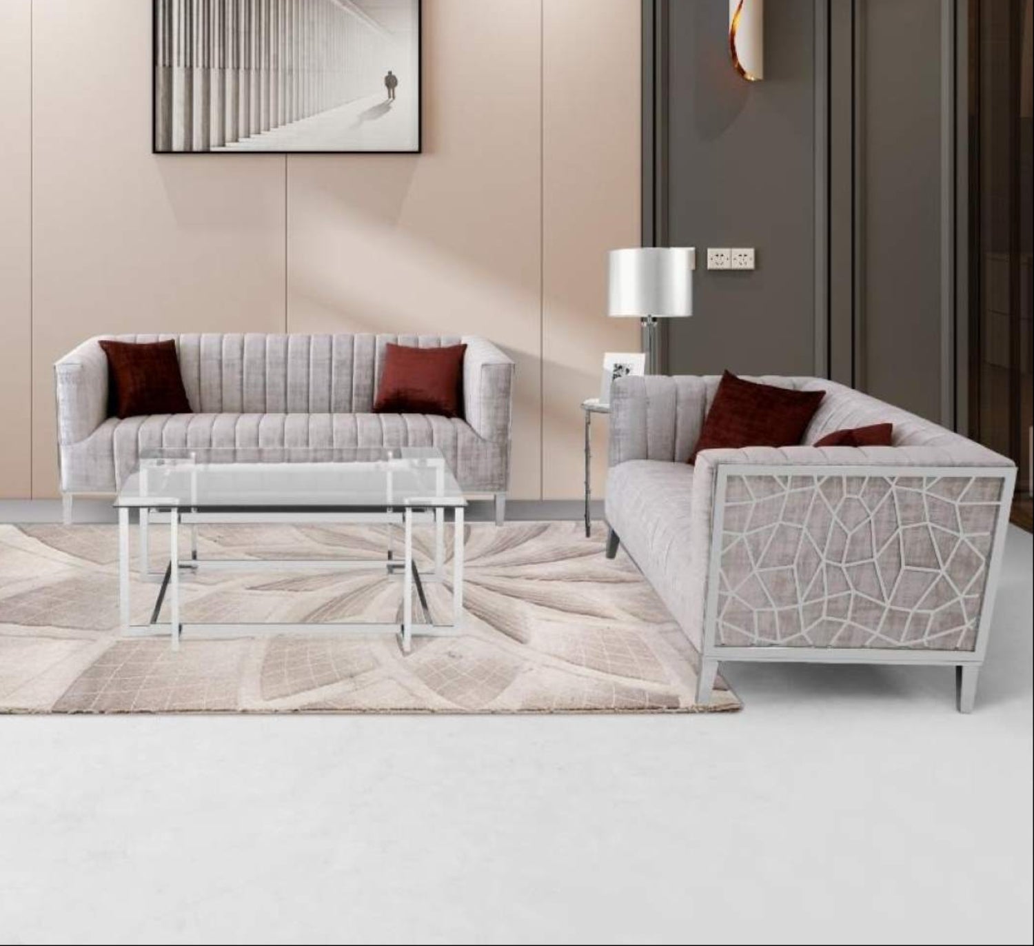 Ariel Silver Sofa Set with Chrome Mesh Design 3725