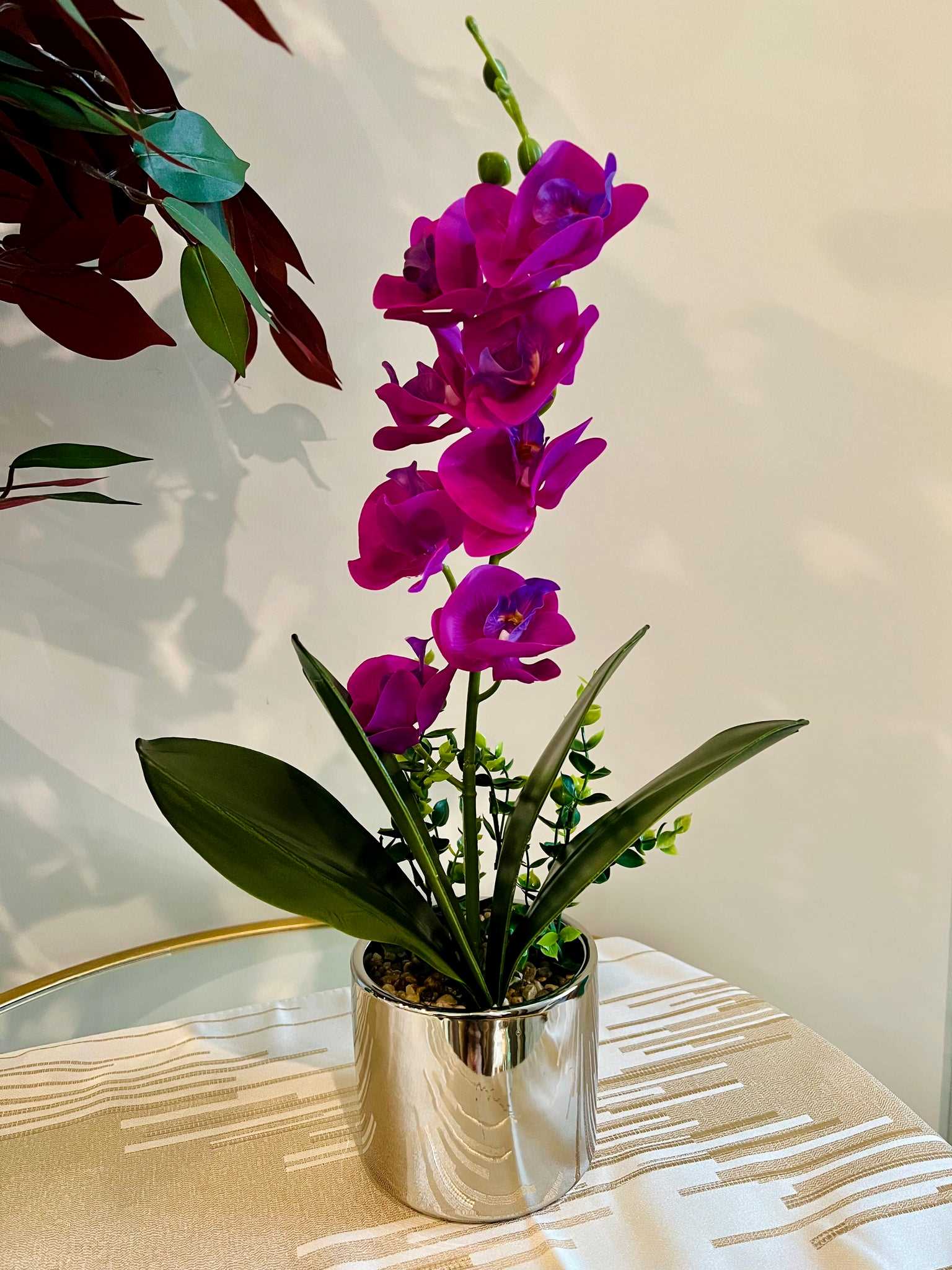 Artificial Plant Pot Real Touch Purple Flower in a Silver Metal