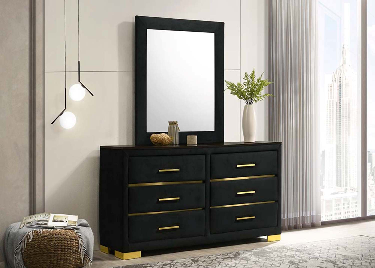 Aurora Black Velvet Bedroom Set With Deep Vertical Tufting on Headboard