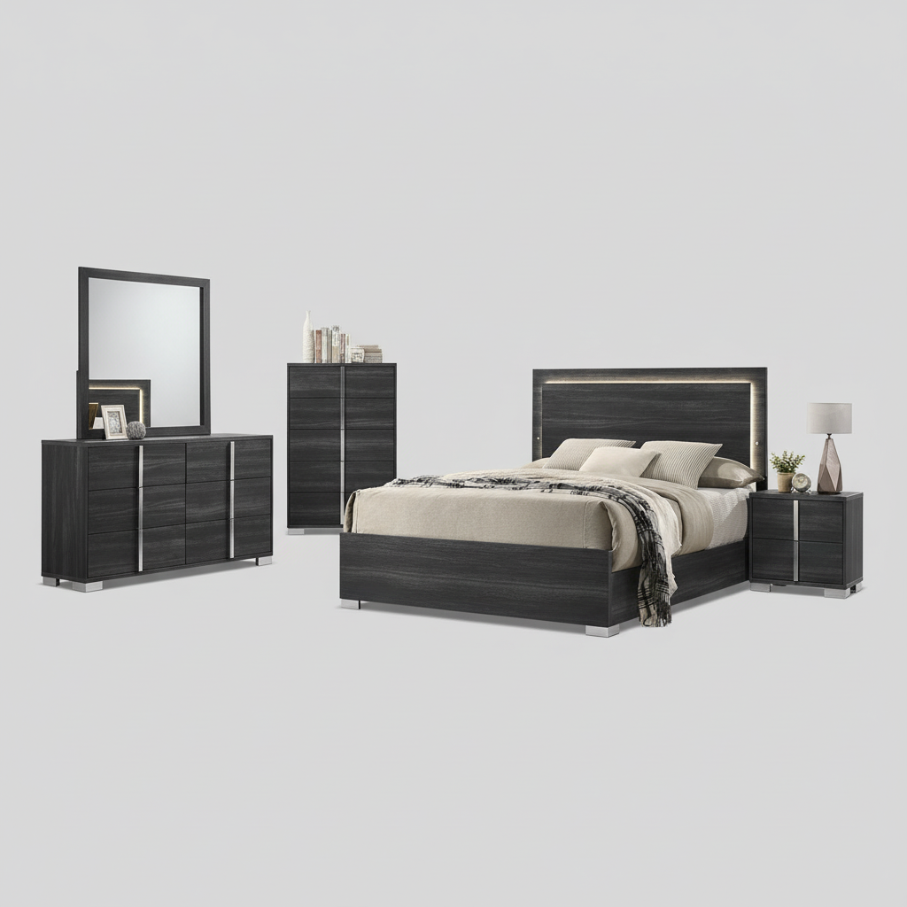 Freya Wooden Grey Bedroom Set With LED Headboard 785