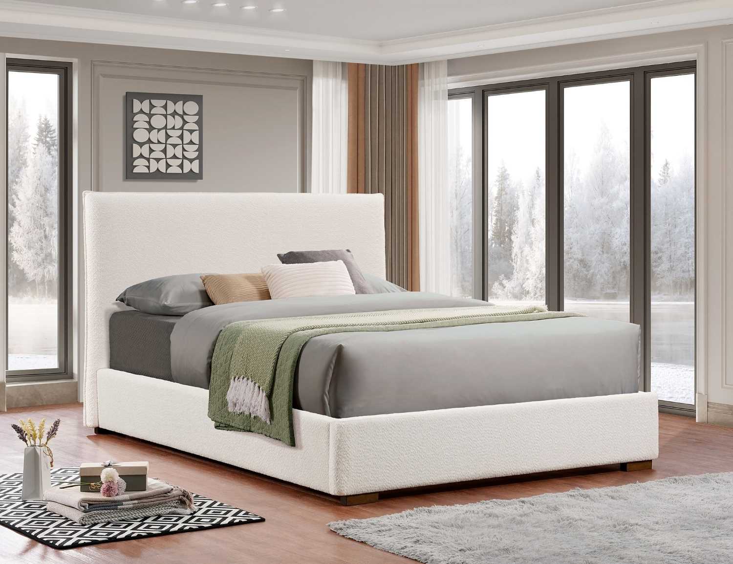 Beige Boucle Fabric Platform Bed 5568