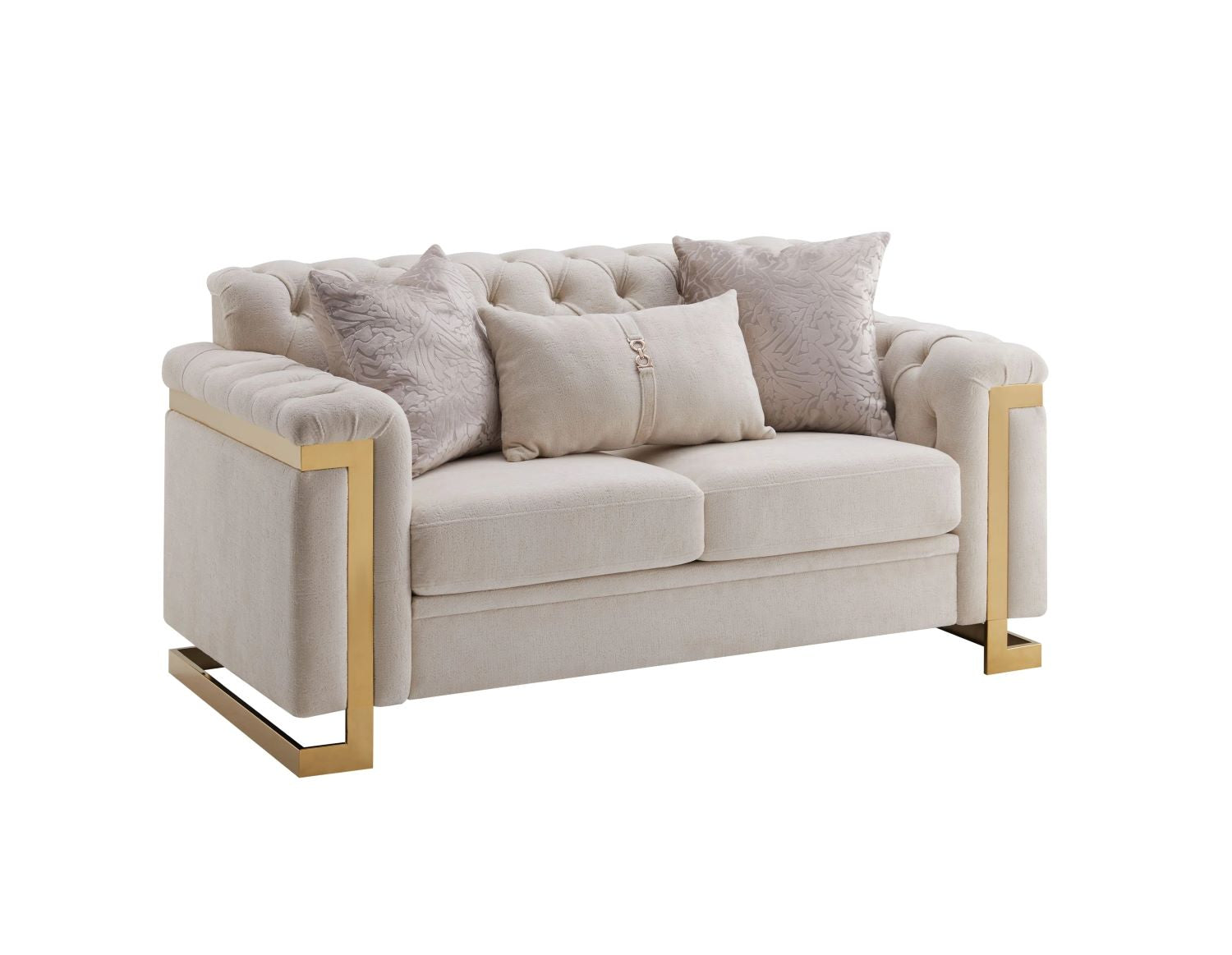 Beige Fabric 3pc Tufted Sofa Set with Gold Accents 313