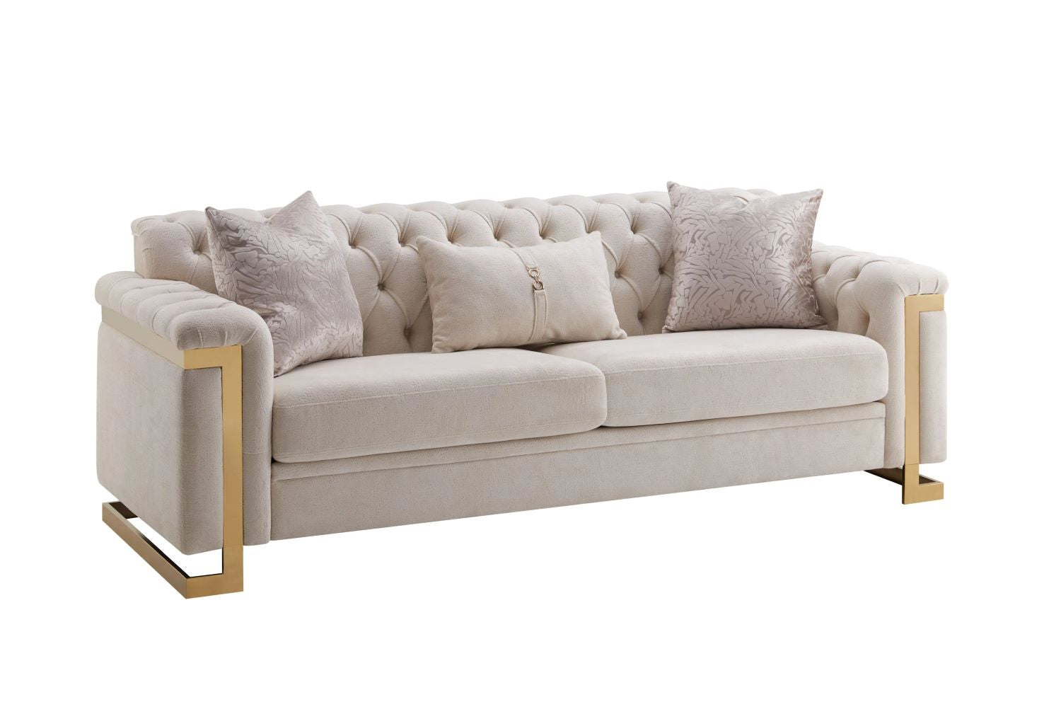 Beige Fabric 3pc Tufted Sofa Set with Gold Accents 313